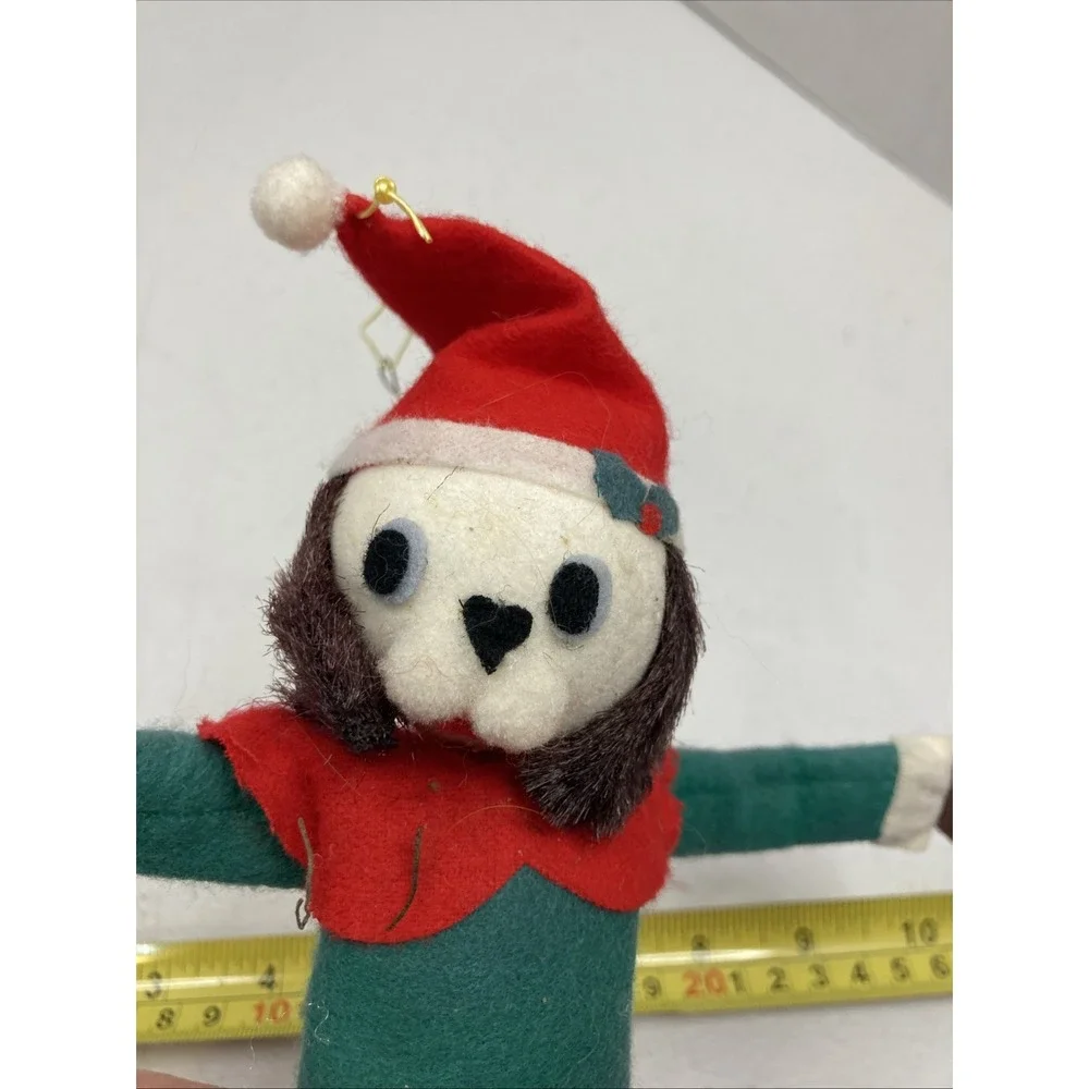 Two Vtg MCM 1950s Fun Farm Elf Ornament Felt‎ Material & Dog Elf Japan Christmas